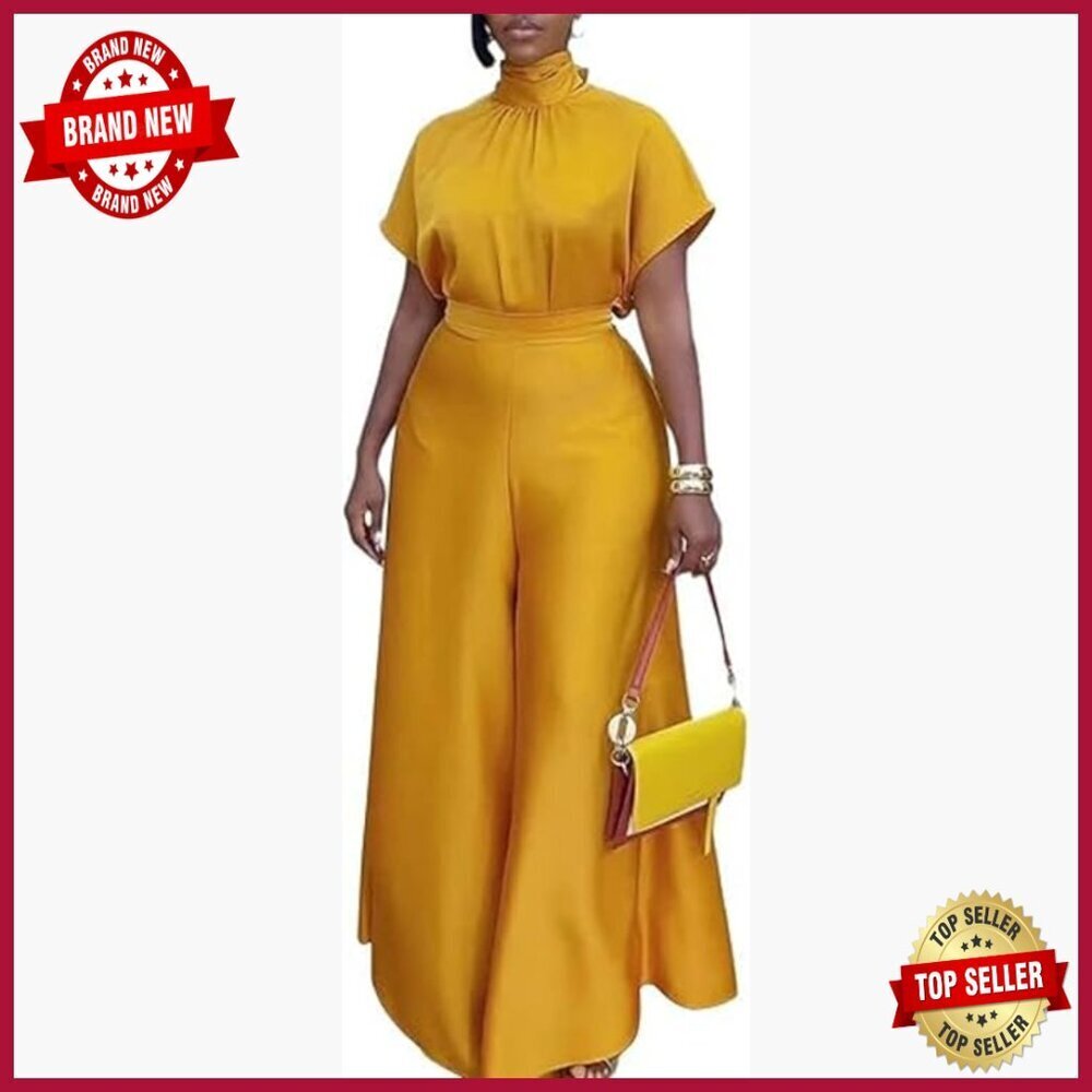 Satin Wide Leg Pants Set with Short Sleeve Blouse, X-Large